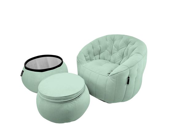 Купить бескаркасную мебель кресло столик и пуфик под ноги Contempo Package - Pepper Mint (серо-зеленый велюр)